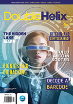 Magazine cover with girl in suit holding futuristic glasses to her face.