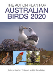 Cover of 'The Action Plan for Australian Birds', featuring a large image of two shy albatrosses and thumbnails images of a plains-wanderer, a gang-gan