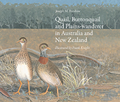 Cover of 'Quail, Buttonquail and Plains-wanderer in Australia and New Zealand', featuring a painting of two plains-wanderer birds on open grasslands.