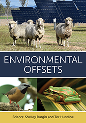 Cover of 'Environmental Offsets' featuring sheep standing in front of solar panels above the title, with the black-throated finch (left) and green and