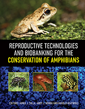 Cover of 'Reproductive Technologies and Biobanking for the Conservation of Amphibians', featuring photographs of three different frog species and a sa