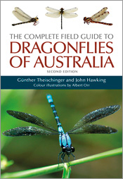 Cover of 'The Complete Field Guide to Dragonflies of Australia, Second Edition' featuring a large blue dragonfly resting on a green stalk, with three