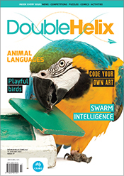 Cover of Double Helix magazine Issue 37 showing a blue-and-yellow macaw ma