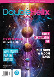 Cover of Double Helix magazine Issue 40 digital artwork of our solar system, with the planets arranged in a vertical line down the centre of the cover