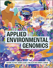 Cover of 'Applied Environmental Genomics', featuring a bright illustration showcasing a variety of applications of the science.