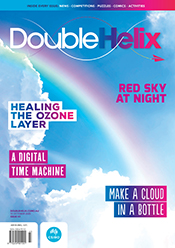 Cover of Double Helix magazine Issue 43, featuring a rainbow across a blue sky with white clouds.
