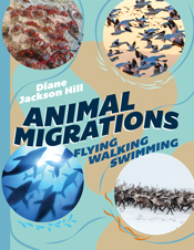 Cover of 'Animal Migrations', featuring photos of crabs climbing over rocks, birds flying, reindeer walking across snow and a pod of whales swimming u