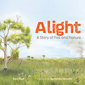 Cover of 'Alight' featuring an illustration of a tree on a grassy plain with smoke rising in the distance.