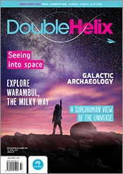 Cover of Double Helix magazine Issue 47, featuring an illustration of a pe