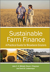 Cover of 'Sustainable Farm Finance', featuring photos of a man and woman talking in a wheat field, a hay baler, a calculator surrounded by grain, and