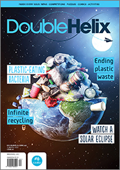 Cover of 'Double Helix' magazine issue 62, featuring an illustration of Earth in space, with the Northern Hemisphere replaced with a collapsing heap o