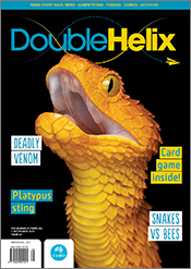 Cover of 'Double Helix' magazine issue 66, featuring a striking yellow-ora