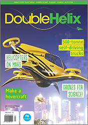Cover of 'Double Helix' magazine issue 67, featuring digital art of a yellow taxi drone flying through a city with brightly-lit skyscrapers.