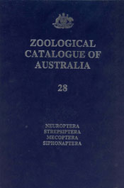 The cover image of Zoological Catalogue of Australia Volume 28, featuring a plain blue cover, with silver text and a small silver Australian coat of a