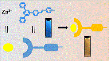 Schematic representation of zinc ion binding to terpyridine probe producing solution color change from blue to yellow
