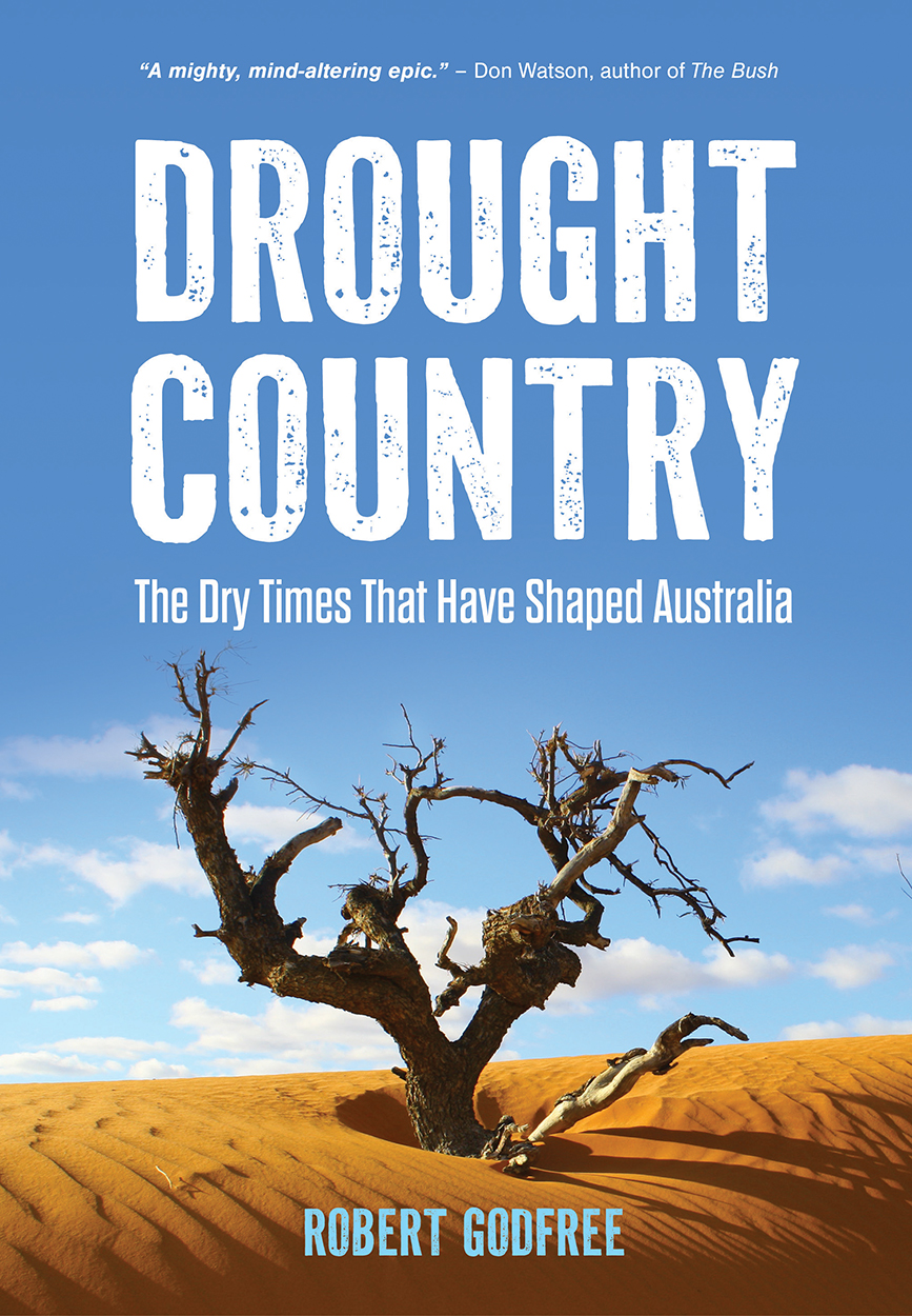 Cover of 'Drought Country', featuring a dead tree in a sandy desert under blue skies.