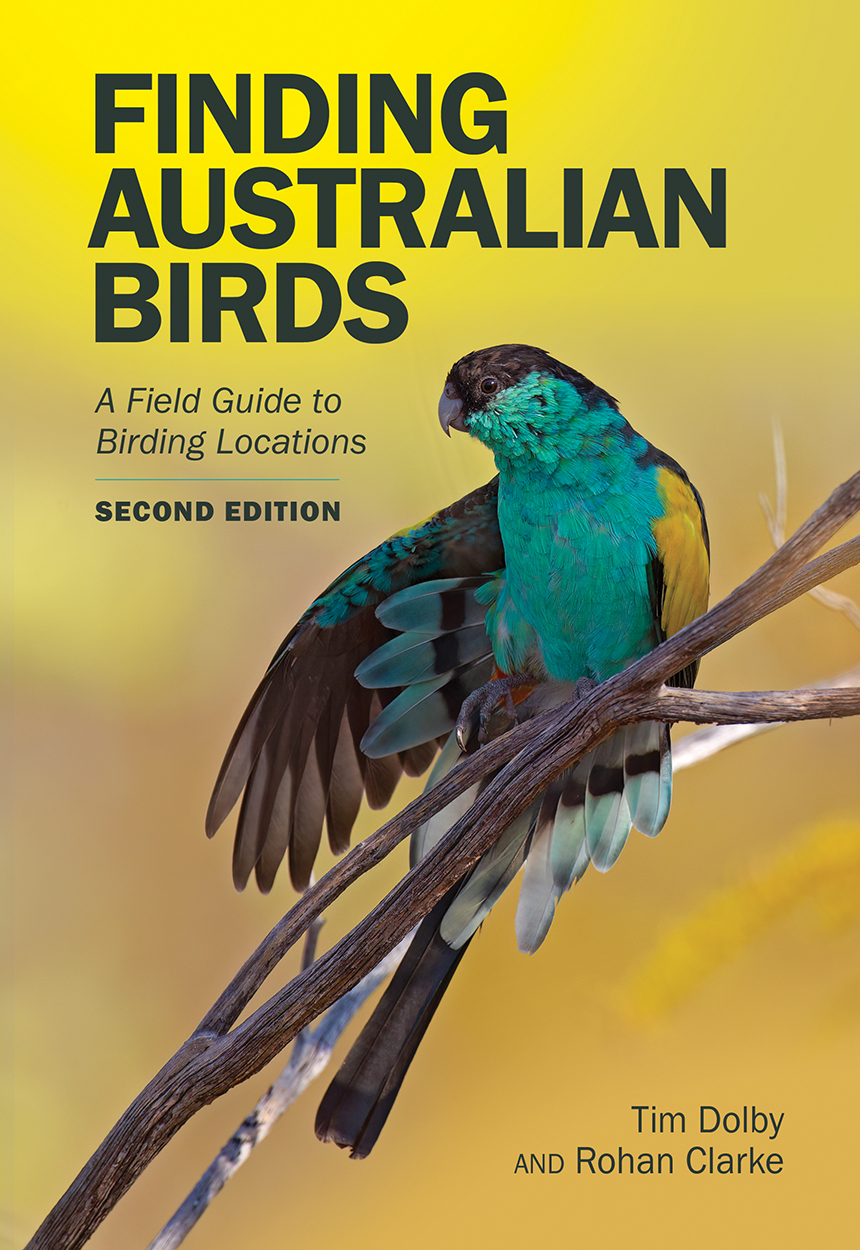 Cover of 'Finding Australian Birds', featuring a hooded parrot perched on a branch with its wing extended.