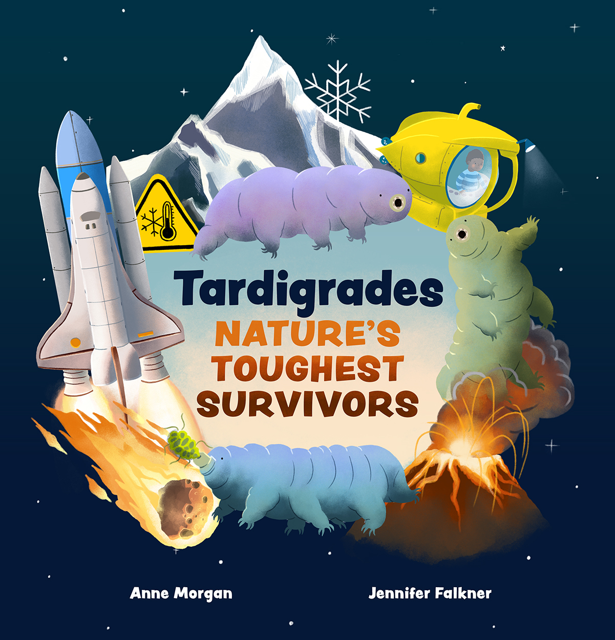 Cover of 'Tardigrades', with an illustration of tardigrades, a snowy mountain, an asteroid, a volcano, a space shuttle and a submersible.