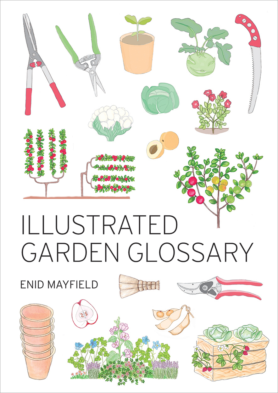 Cover of 'Illustrated Garden Glossary', featuring illustrations of various plants and gardening equipment on a white background.