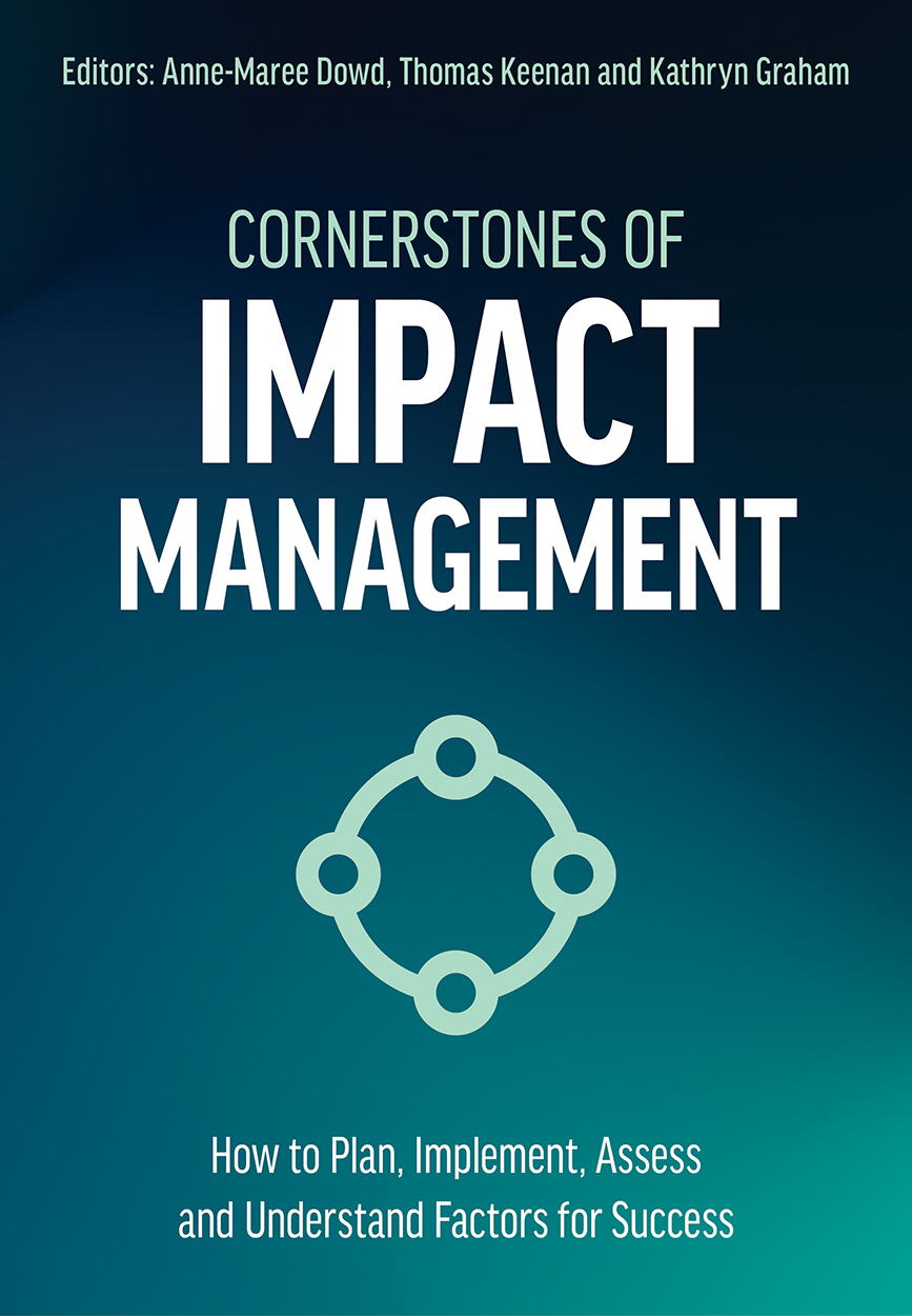 Cover of 'Cornerstones of Impact Management', featuring a conceptual graphic of the four cornerstones of impact.