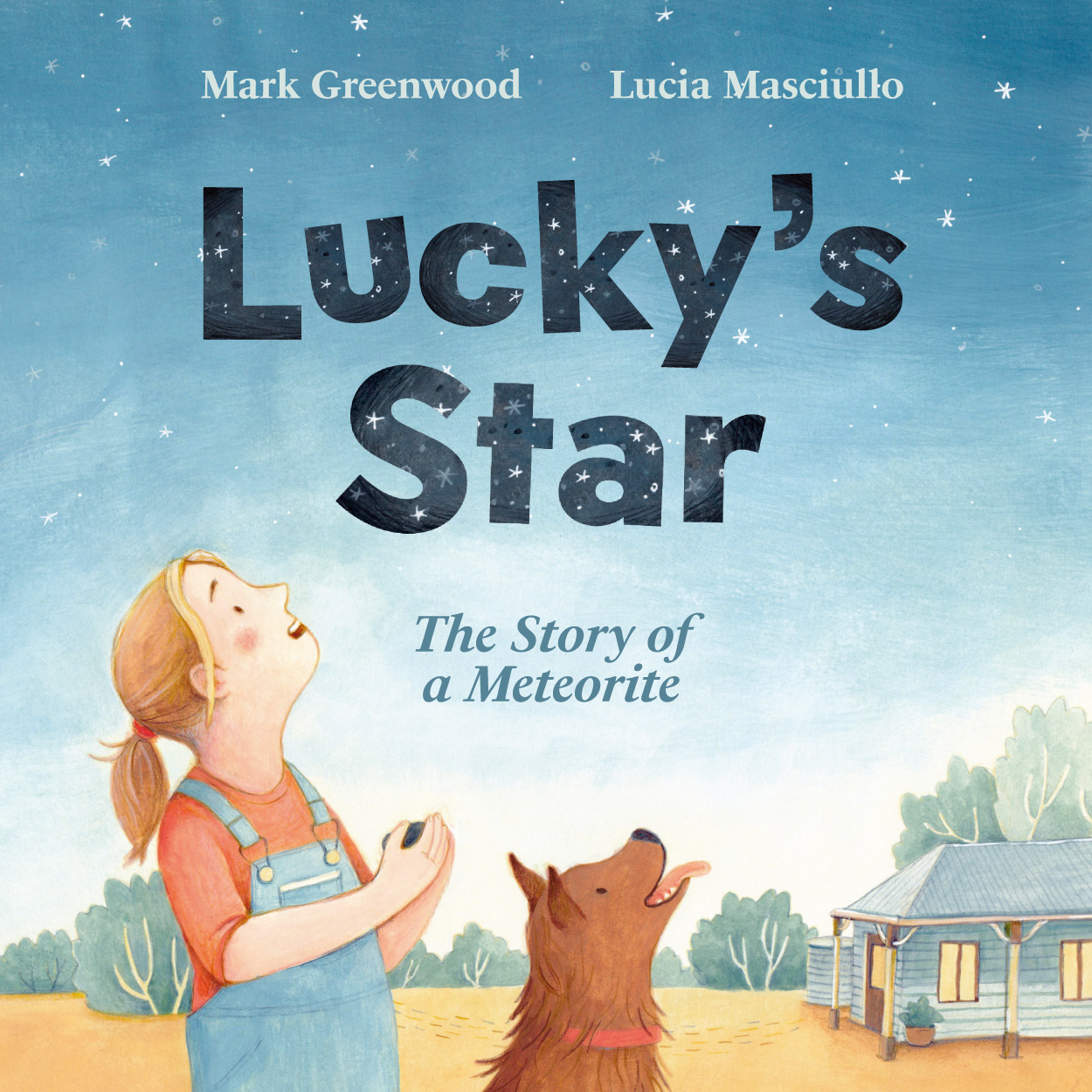 Cover of 'Lucky's Star', featuring an illustration of Lucky with her dog, holding a rock and looking up at the starry sky.