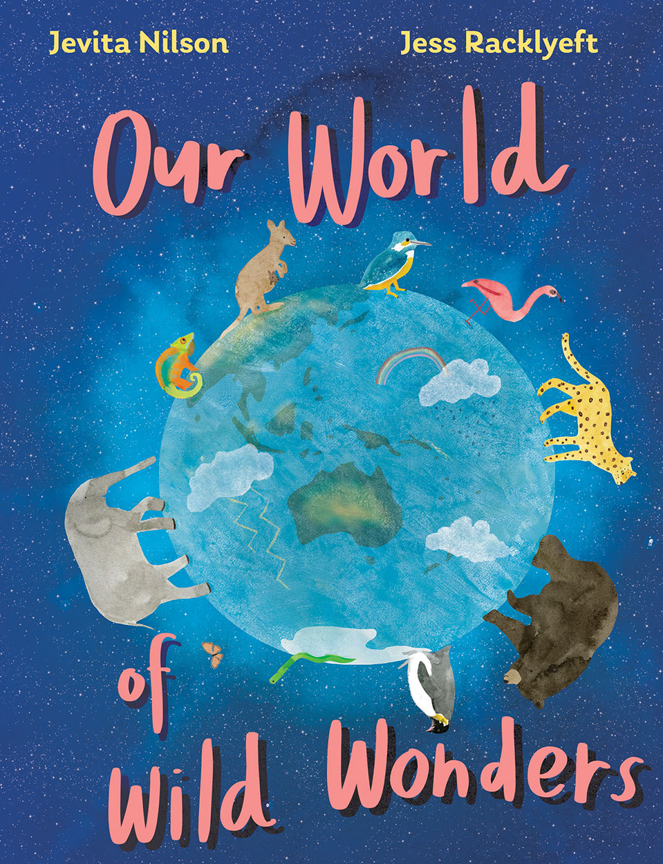 Cover of 'Our World of Wild Wonders', featuring an illustration of the Earth in space with a variety of animals standing around the edge of the globe.