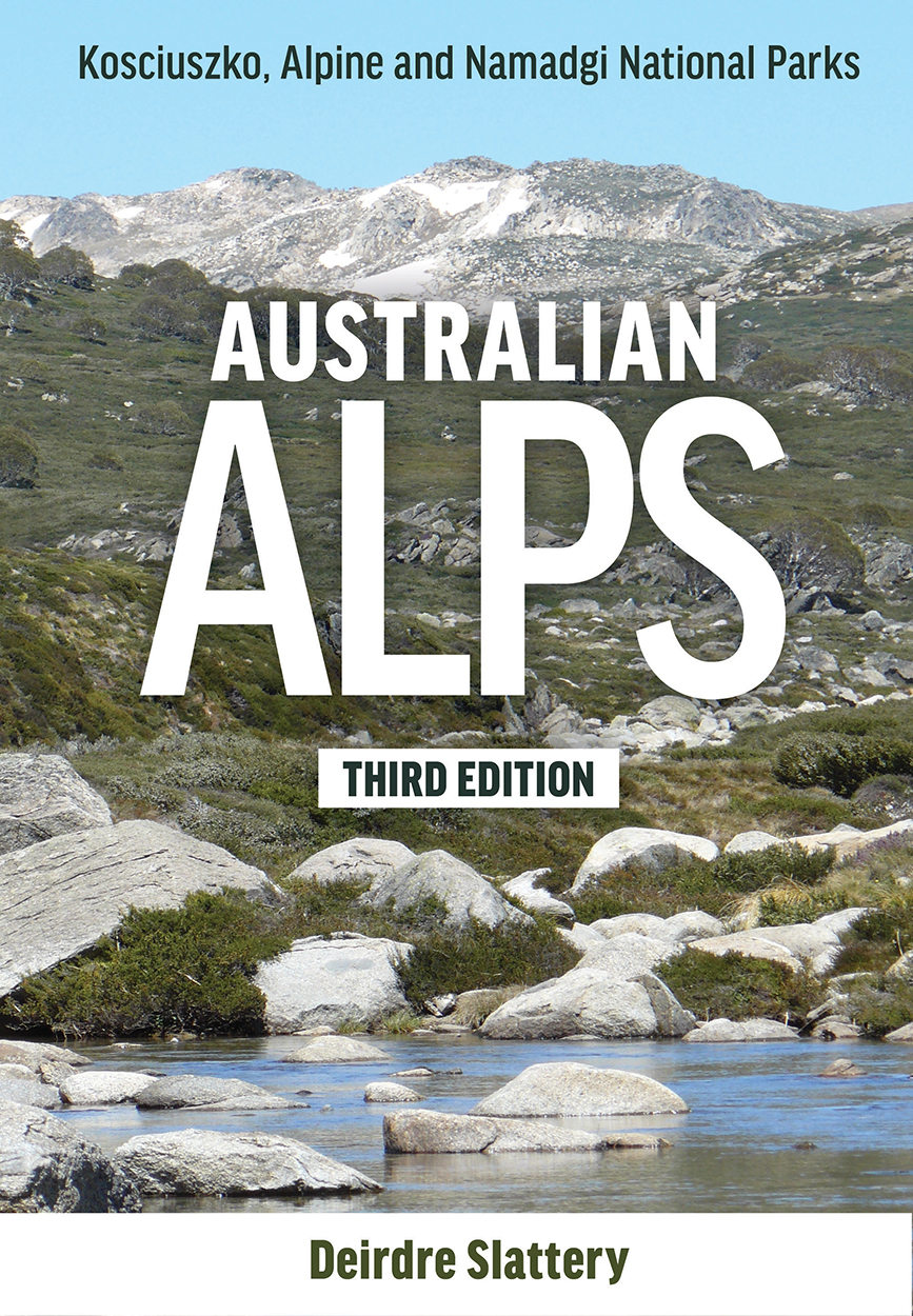 Cover of 'Australian Alps', featuring a photo of the alps in the background with a rocky waterway in the foreground.