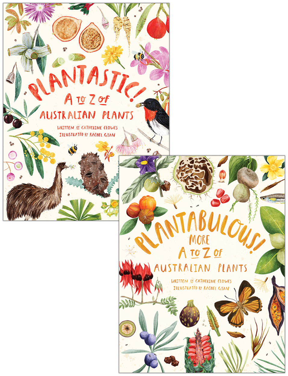 Covers of 'Plantastic!' and 'Plantabulous!' featuring illustrations of Australian plants, flowers and animals.