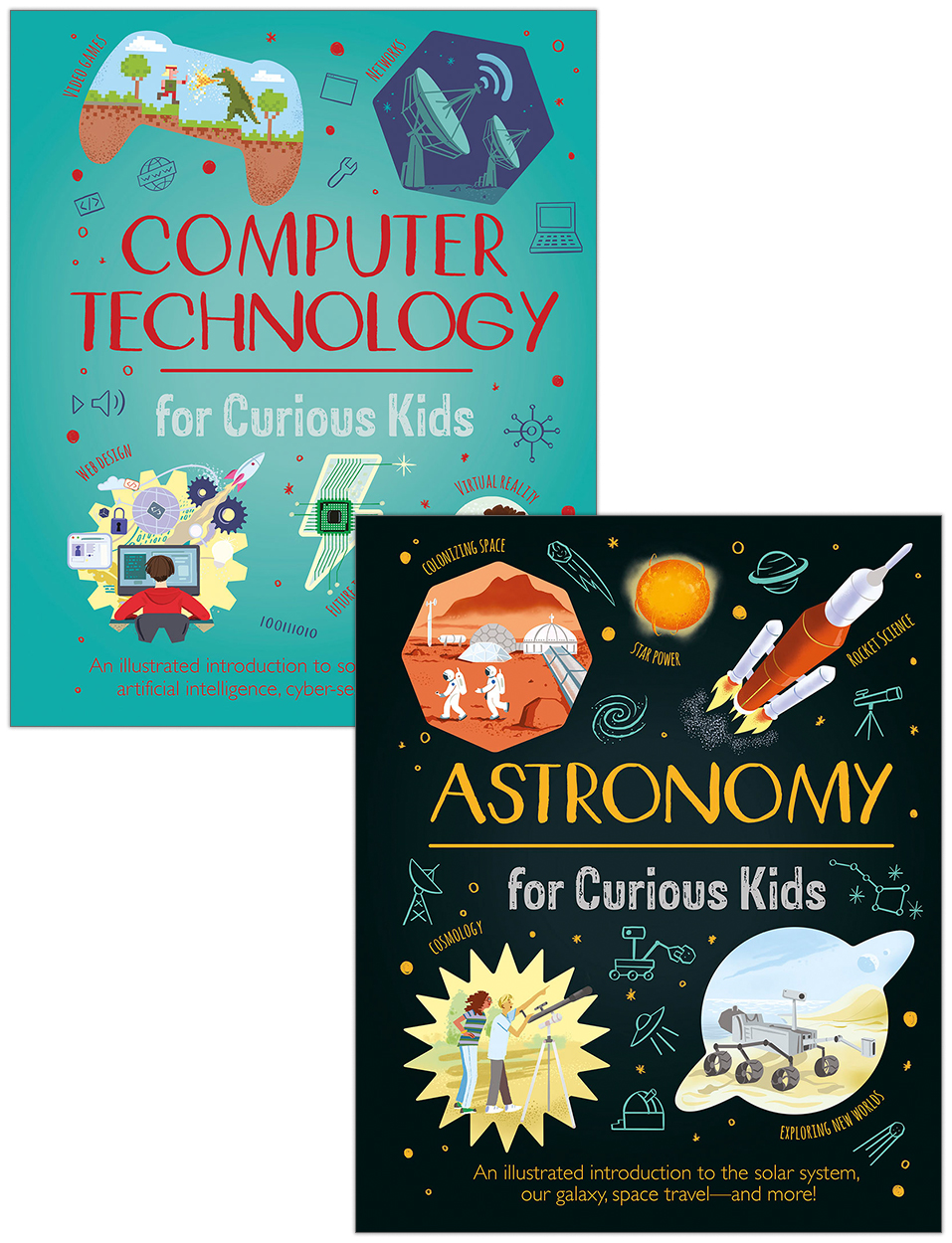 Covers of 'Astronomy for Curious Kids' and 'Computer Technology for Curious Kids' featuring colourful illustrations about the respective science areas