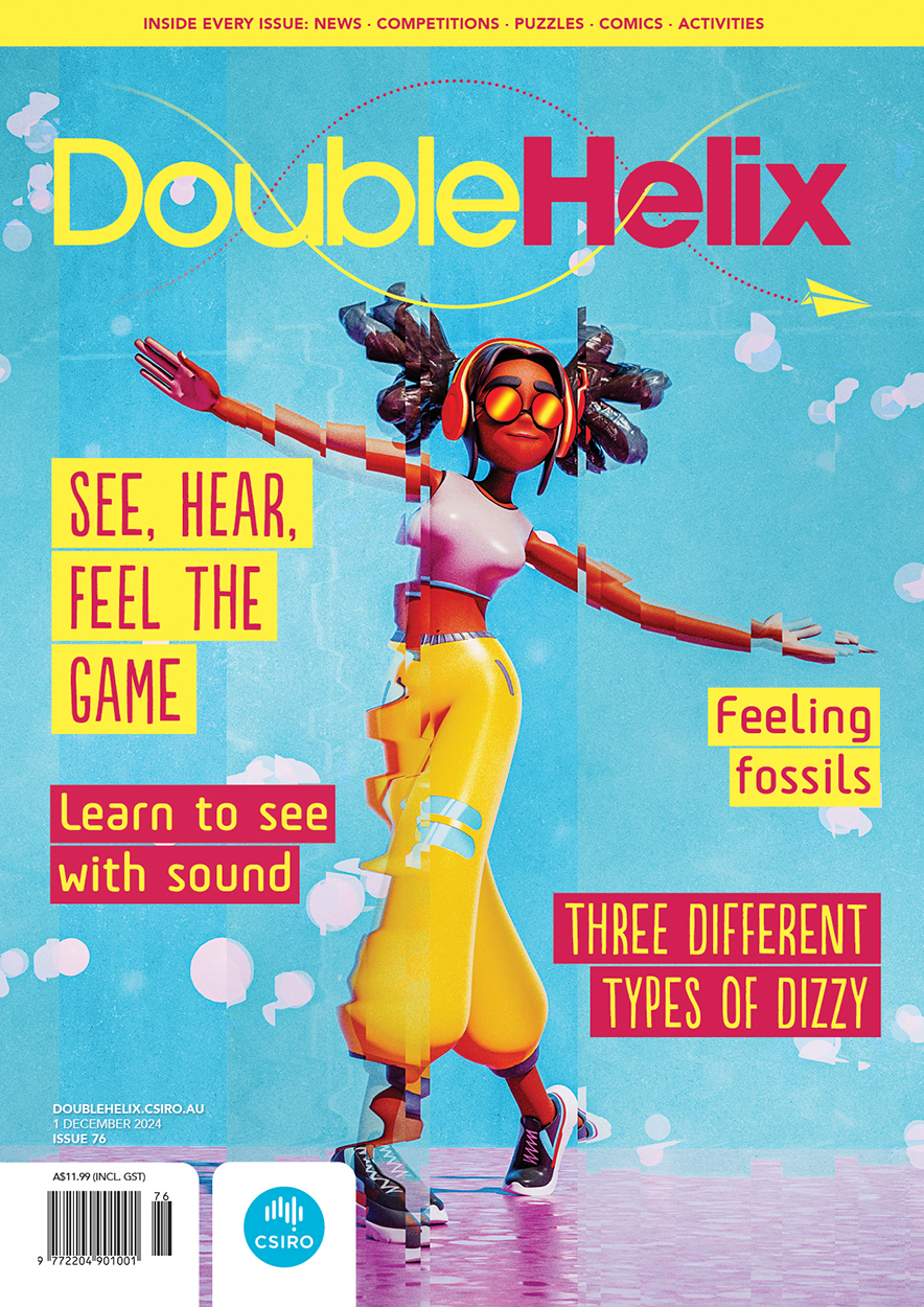 Cover of 'Double Helix' magazine issue 76 showing a digital illustration of a girl with orange headphones and glasses, walking with her arms outspread