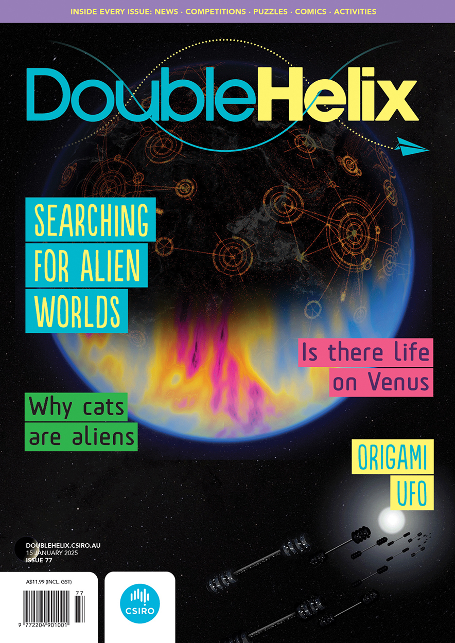 Cover of 'Double Helix' magazine issue 77 showing the planet Venus in space, surrounded by dumbbell-shaped space stations, and with constellations of