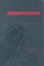 The cover image of Click Beetles, features a dark grey illustration of a c