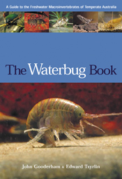 The cover image of The Waterbug Book, featuring a waterbug on a brown surface with a red background. Five smaller images of waterbugs across the top e