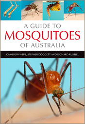 Cover of 'A Guide to Mosquitoes of Australia' featuring a large close-up i