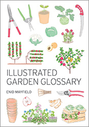 Cover of 'Illustrated Garden Glossary', featuring illustrations of various plants and gardening equipment on a white background.