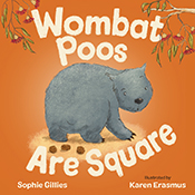 Cover of 'Wombat Poos Are Square', featuring an illustration of a wombat looking back at its square poos in surprise.