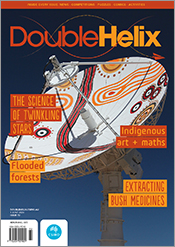 Cover of 'Double Helix' magazine issue 72 featuring a satellite dish painted with artwork derived from Caterpillar Tracks, by Arrernte painter Roseann