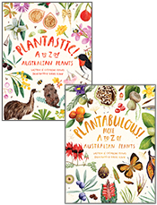 Covers of 'Plantastic!' and 'Plantabulous!' featuring illustrations of Australian plants, flowers and animals.