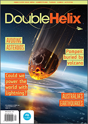 Cover of 'Double Helix' magazine issue 74 showing a large asteroid about to hit a planet.