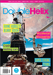 Cover of 'Double Helix' magazine issue 75 showing two astronauts performing a spacewalk on a space station orbiting above South Australia.