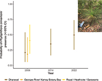 Probability of Phytophthora cinnamomi presence over time in southern Sydney conservation reserves