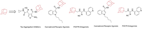 Schematics of adamantane and a number of its biologically active derivatives