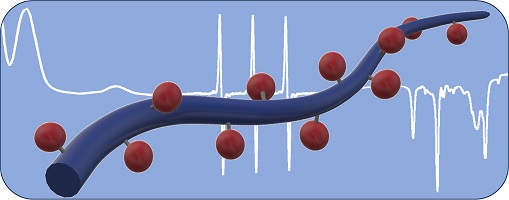 Graphic of a pendant radical polymer chain superimposed on an electron paramagnetic resonance trace.