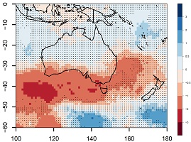 Line drawing of Australia and adjacent regions with colour overlay showing decreasing trends in surface lows near southern Australia in the ERA5 reanalysis during May–October.