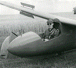 A black and white photograph of Jeremy Pickett Heaps in a sailplane near Cambridge, UK.