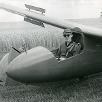 A black and white photograph of Jeremy Pickett Heaps in a sailplane near Cambridge, UK.