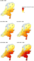 The average annual elevated fire danger days per decade according to the Fine Fuel Moisture Code (FFMC) for the future Dutch Royal Meteorological Institute (KMNI)scenarios: (a) Reference period 1981–2010, (b) GL 2036–2065, (c) GL 2071–2100, (d) WH 2036–2065 and (e) WH 2071–2100.