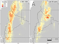 Two maps showing changes in guanaco distribution over time